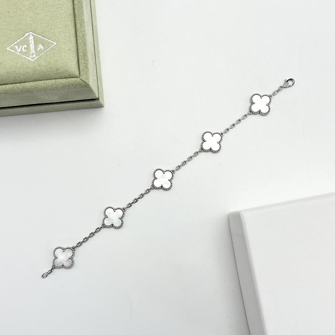 95新 梵克雅宝 18K白金白贝母四叶草五花手链 73819