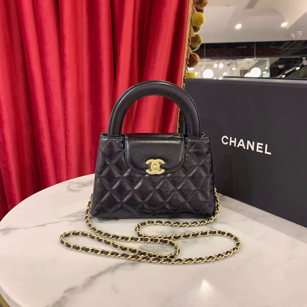 99新 Chanel/香奈儿 25c Kelly大号黑色金扣牛皮芯片款/79614029
