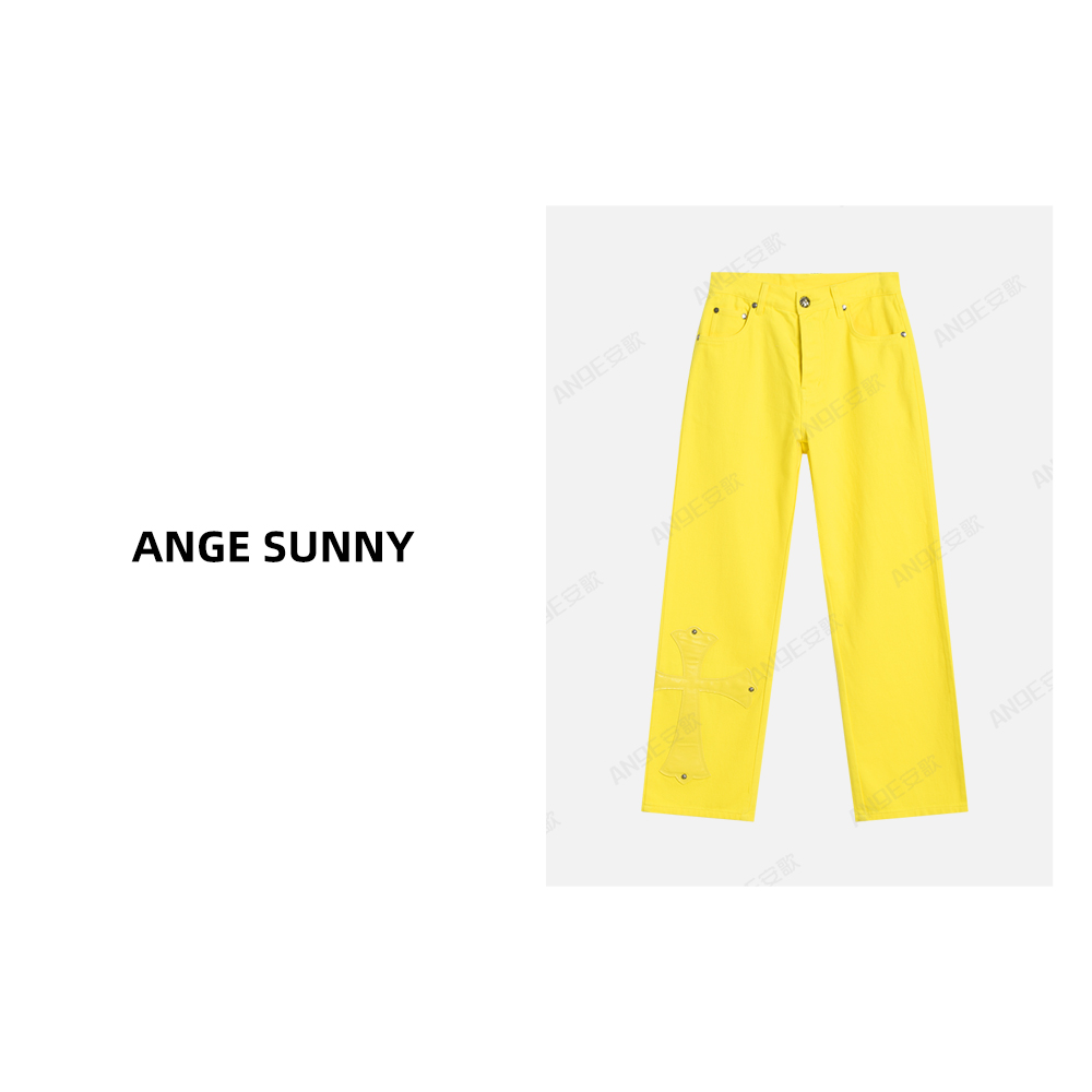 ANGE SUNNY【十字皮标牛仔裤】黄色休闲潮流直筒裤 时尚新款  