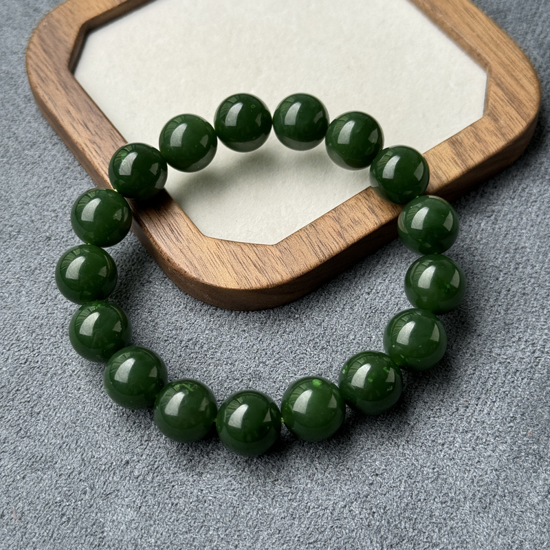 约12mm和田玉菠菜绿碧玉圆珠单圈手串