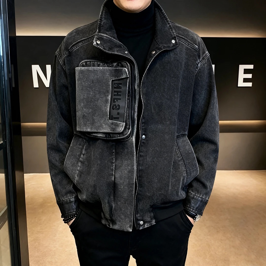 秋季新款男士牛仔服小书包宽松拼接拉链韩版潮流休闲夹克外套男潮