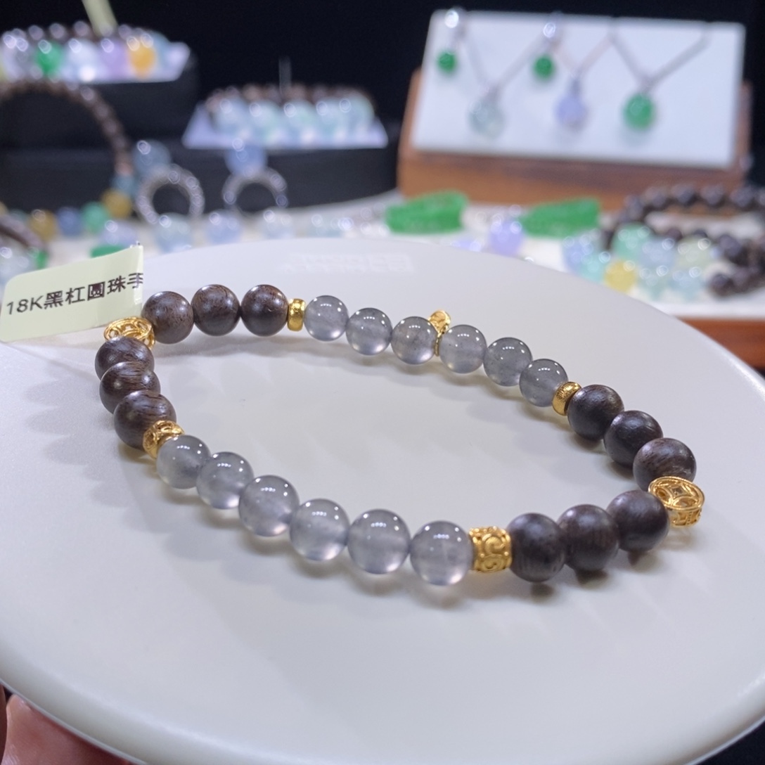 翡翠18K金镶嵌手串18K黑钢手串卡6+