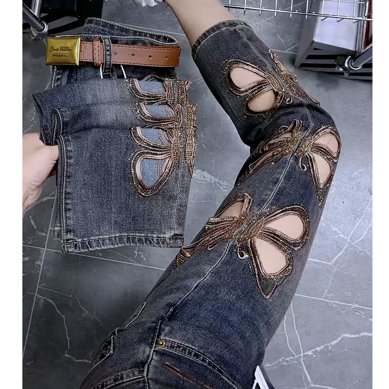 夏季薄款镂空大码直筒牛仔裤女梨形身材高腰显瘦小个子九分烟管裤