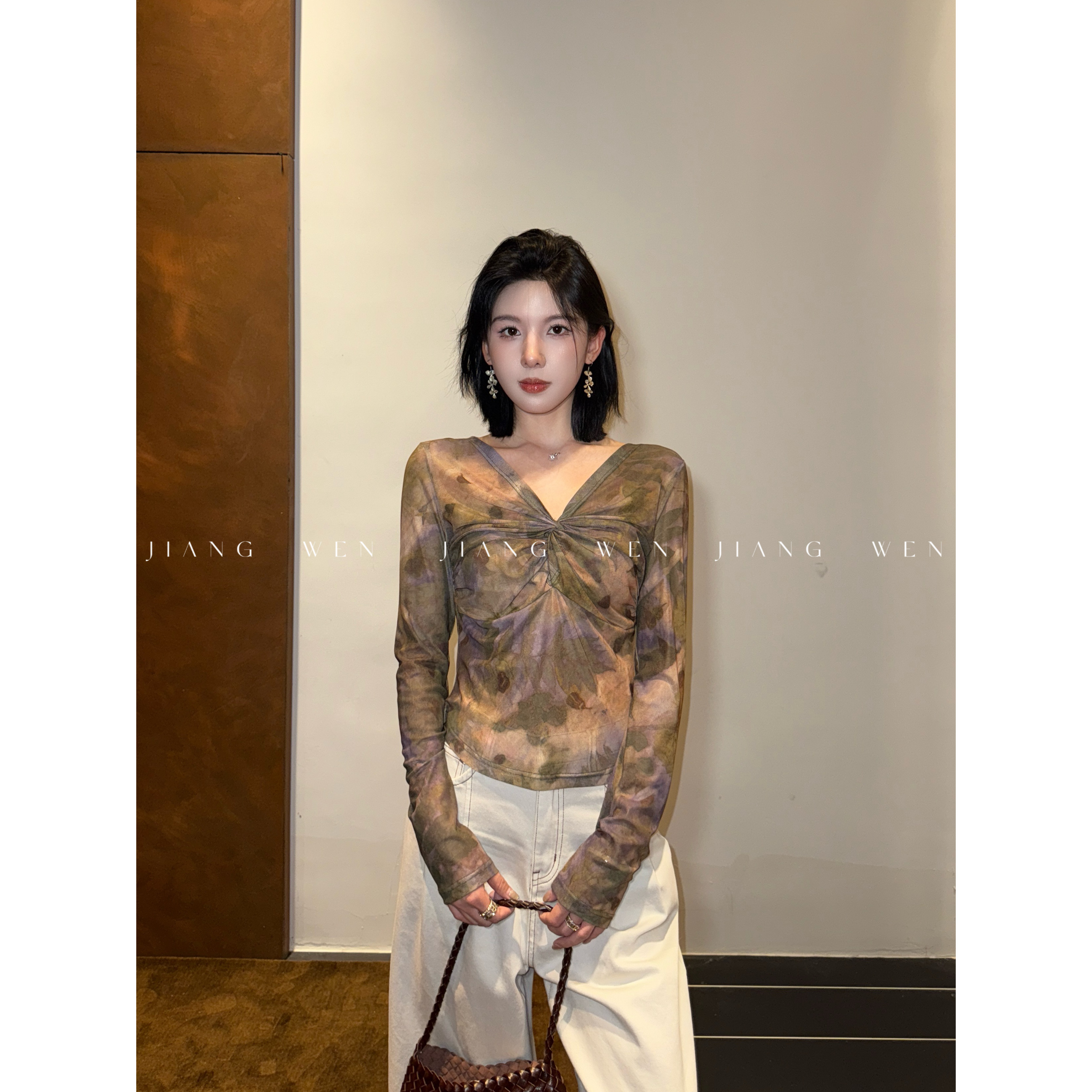 【林间微醺】复古油画晕染设计感扭结法式长袖上衣