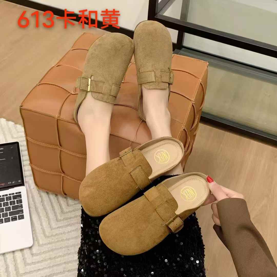 613纯色搭扣包头平底舒适低跟包头拖休闲森系通勤风