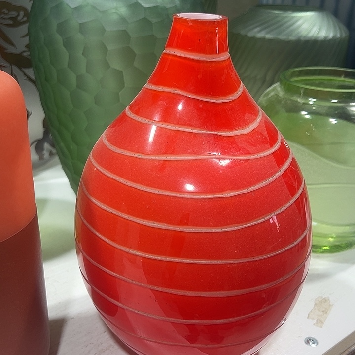 七***七手工艺品琉璃橘色磨刻花瓶花器高25口3微瑕