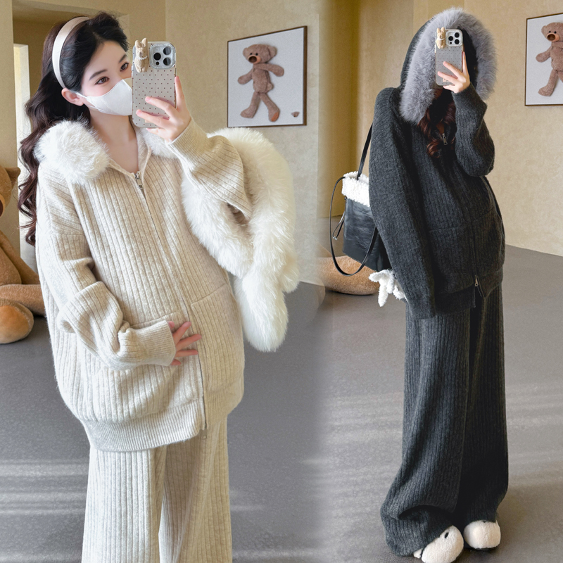 孕妇装套装2025冬装新款孕期穿搭毛领毛衣阔腿裤秋冬季显瘦两件套