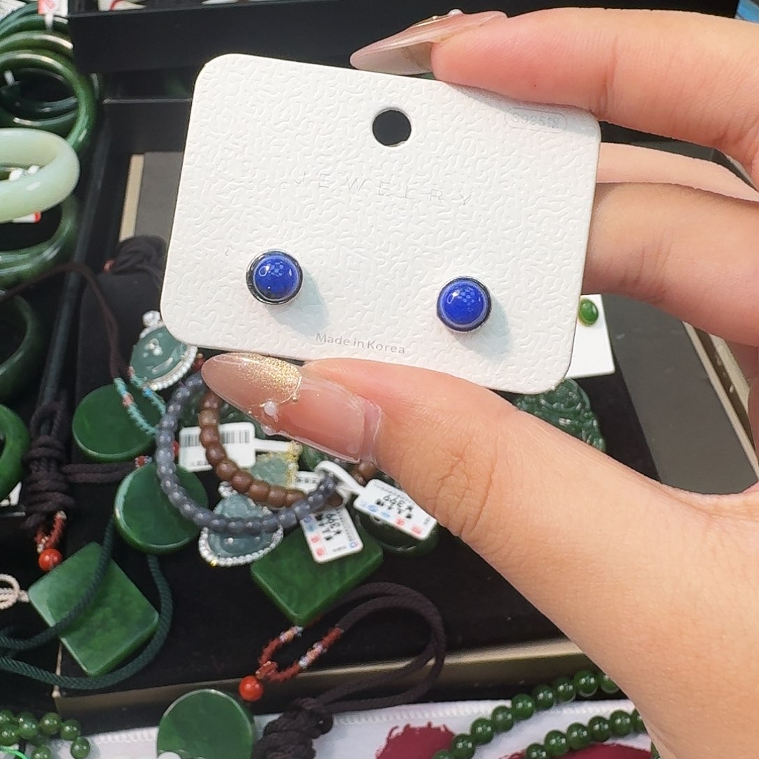 青金石银S925镶嵌耳饰蛋面耳钉