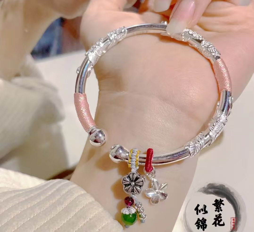 足银手镯 繁花开口红绿绳999纯银手镯女编绳镯子可爱七夕礼物
