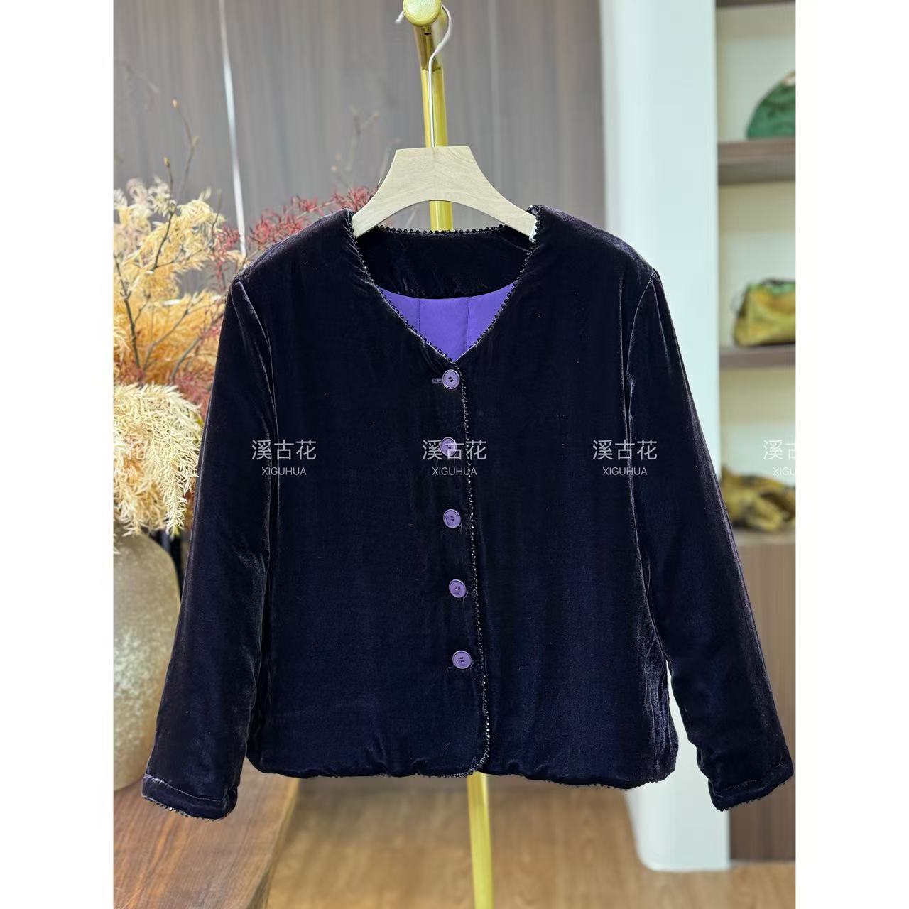 【一念蚕丝服紫色】新2025冬季新款棉衣桑蚕丝丝绒加厚外套