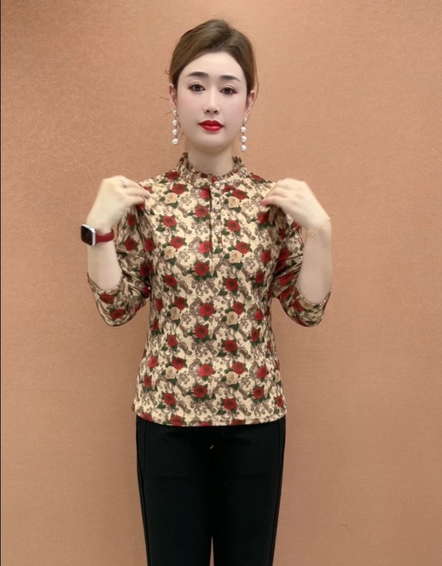 妈妈装秋冬季洋气双面绒小衫花边领长袖上衣加绒