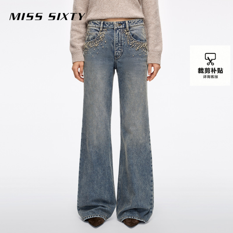 Miss Sixty2025冬季新款磨毛牛仔裤女复古重工钉珠喇叭裤圣诞穿搭