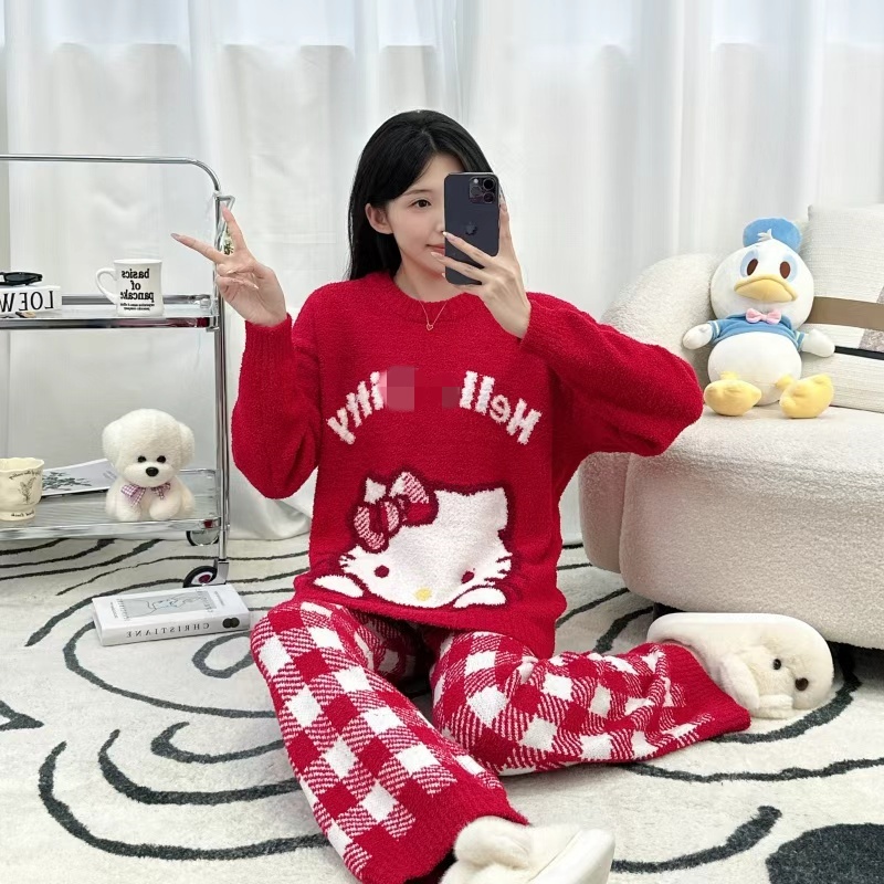红色KT猫半边绒睡衣女款冬季加厚加绒保暖学生圆领套装家居服外穿