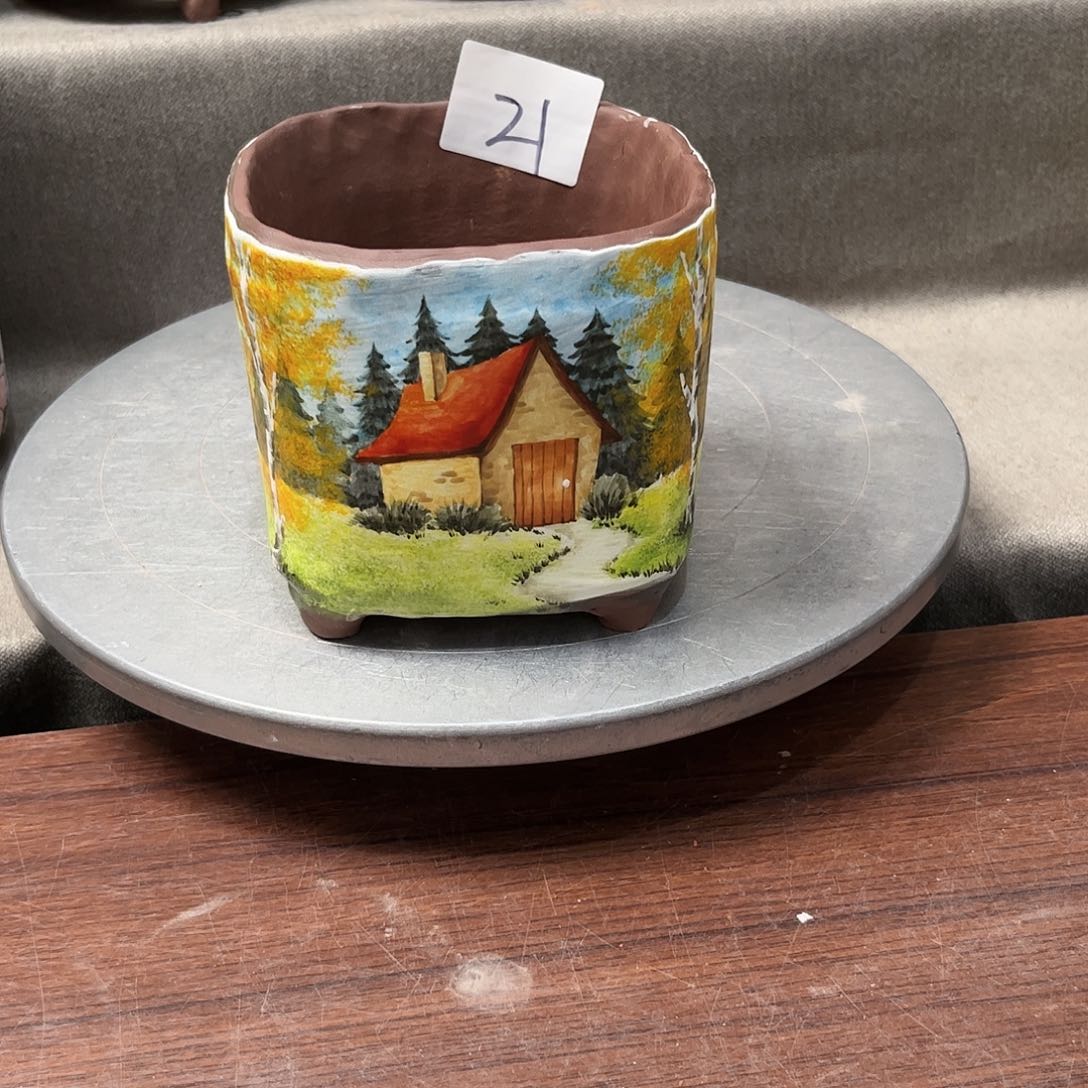 紫砂花盆油画作品