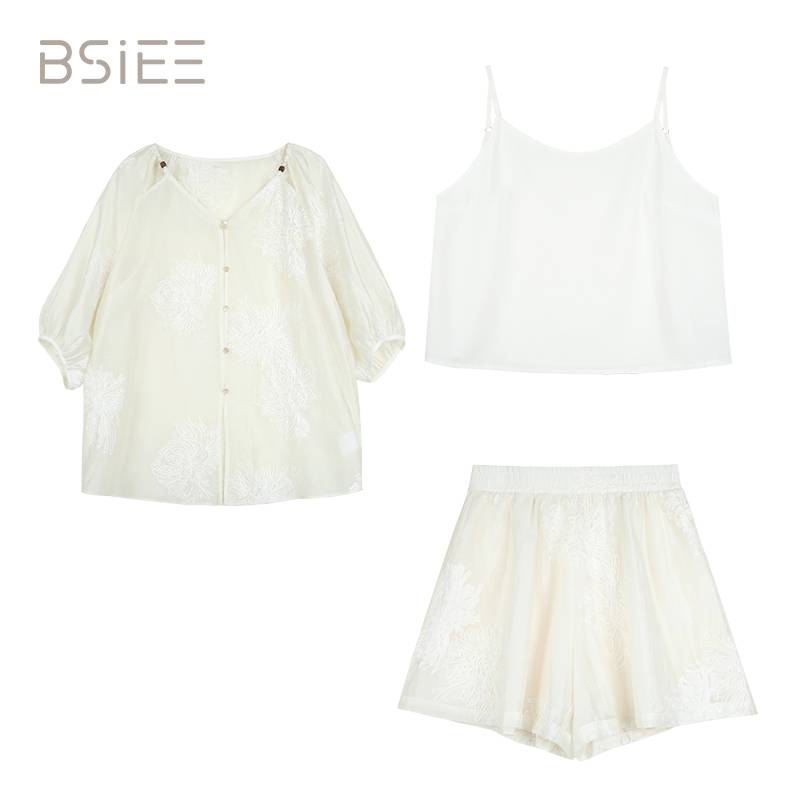 BSIEE/本涩洋气短袖白色刺绣国风短裤套装