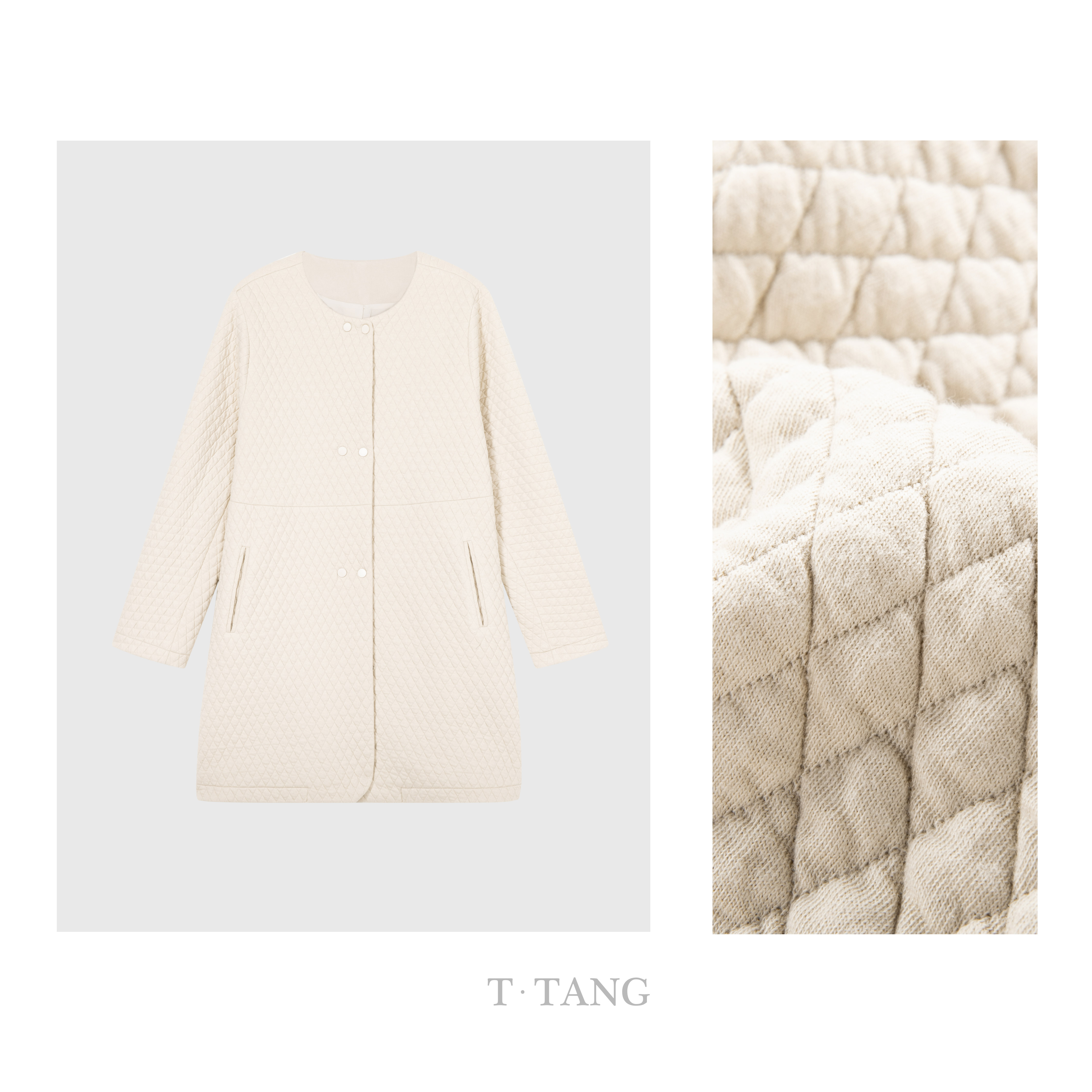 秋季新款330g提花夹丝菱形格棉显瘦气质圆领双排扣棉服【7282】NN