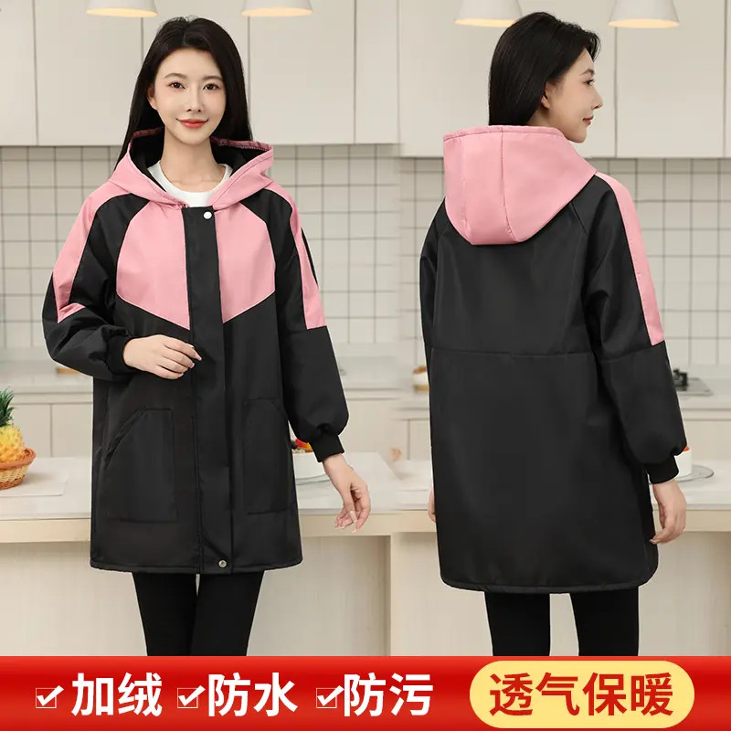 罩衣加绒长袖工作服劳保加厚罩衣女外穿带帽子厨房围裙防水防污冬