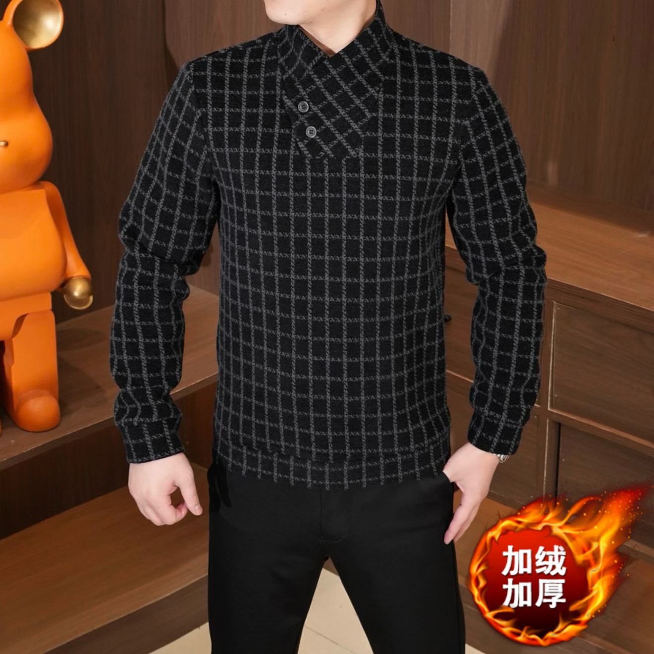 冬季修身型长袖加绒纽扣格子卫衣韩版上衣男装复古加厚潮流休闲