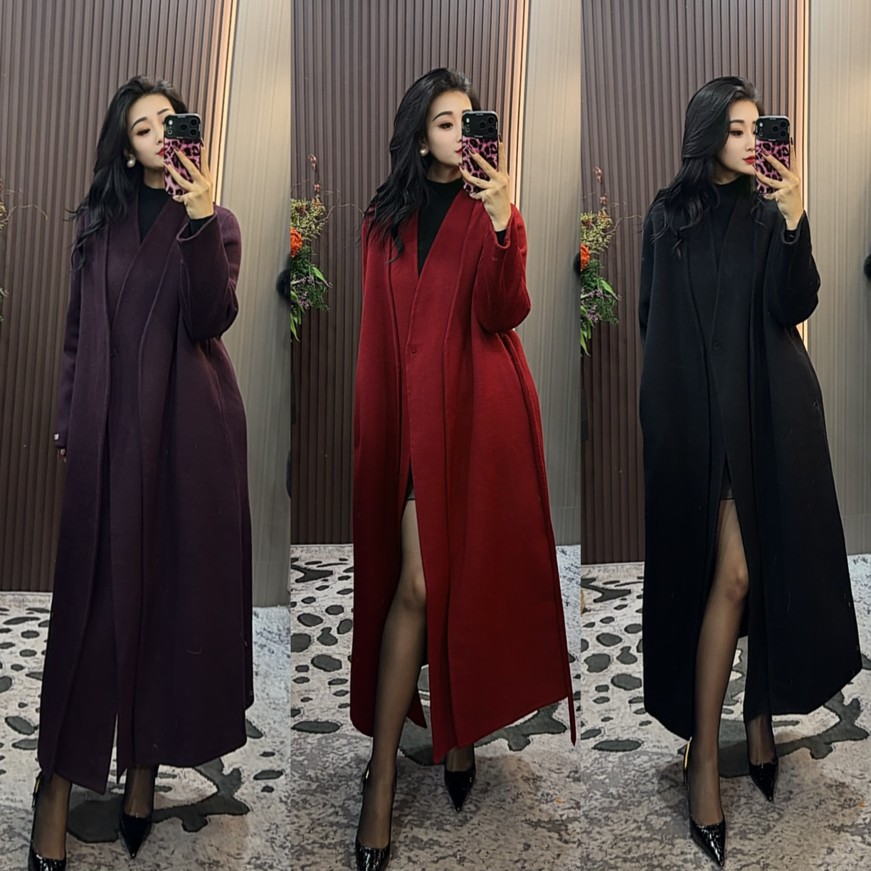 师小姐女装~冬季假两件翻领长款绵轻奢气质羊毛大衣7012