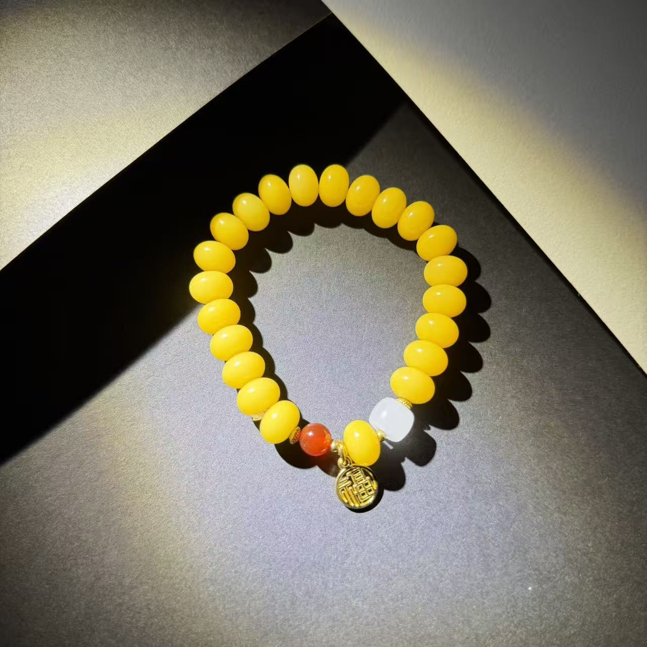 DP-1111-黄菩提算盘珠福字单圈手串(无礼盒）