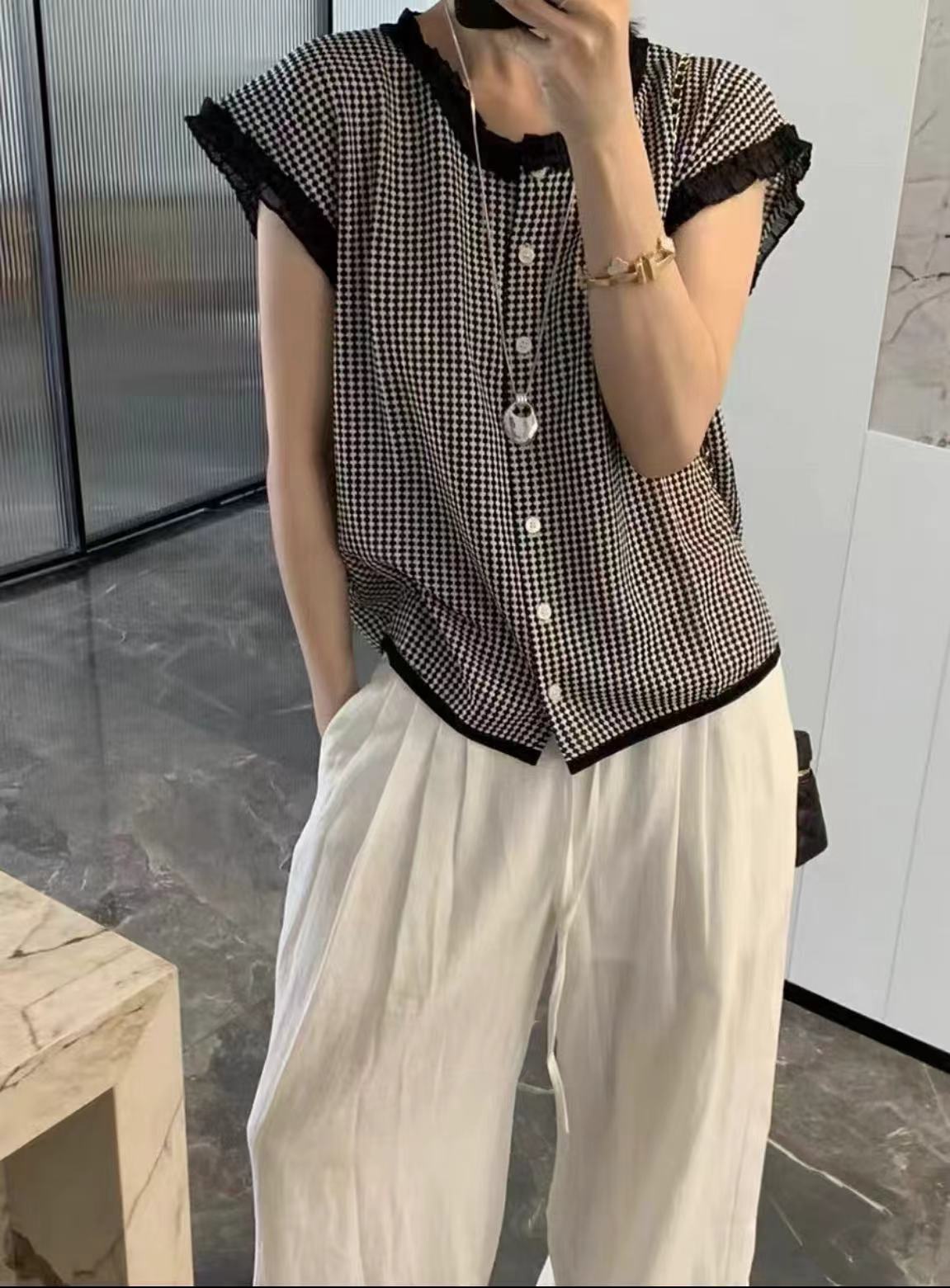 欧洲站2025夏季新品欧货木耳边单排扣格子飞飞袖针织衫减龄休闲