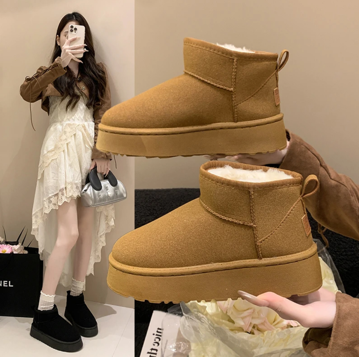 时尚经典冬季雪地靴女款百搭加绒加厚底增高保暖防滑短筒棉鞋