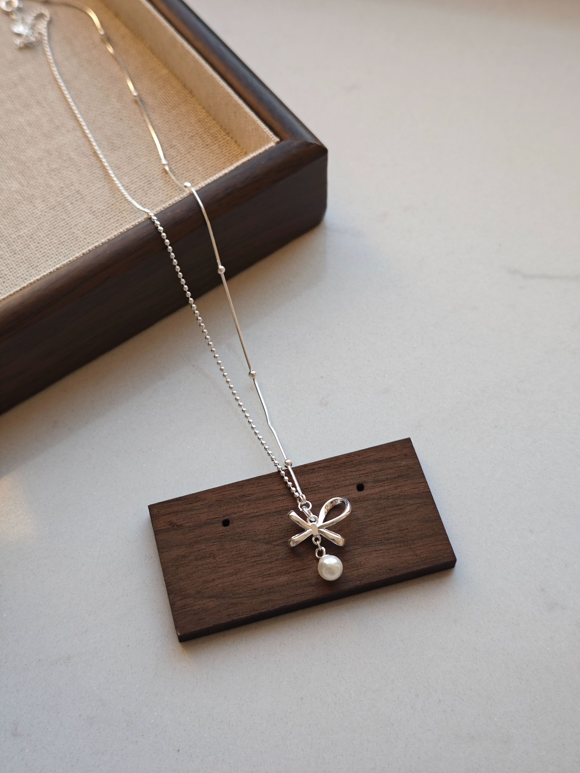 坠链均925银 蝴蝶结珍珠项链女精致小众设计感拼接链条锁骨链