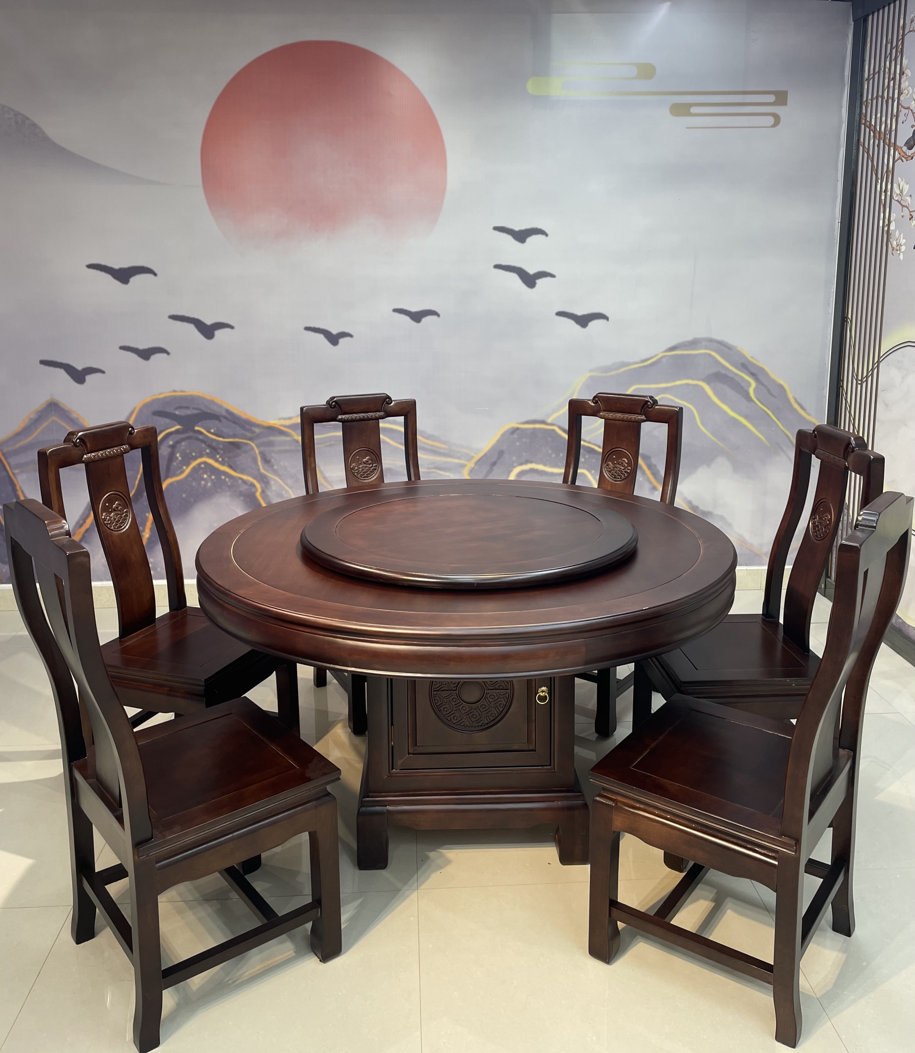 全实木黑檀餐桌组合带转盘家用大圆桌新中式家具圆形吃饭桌子