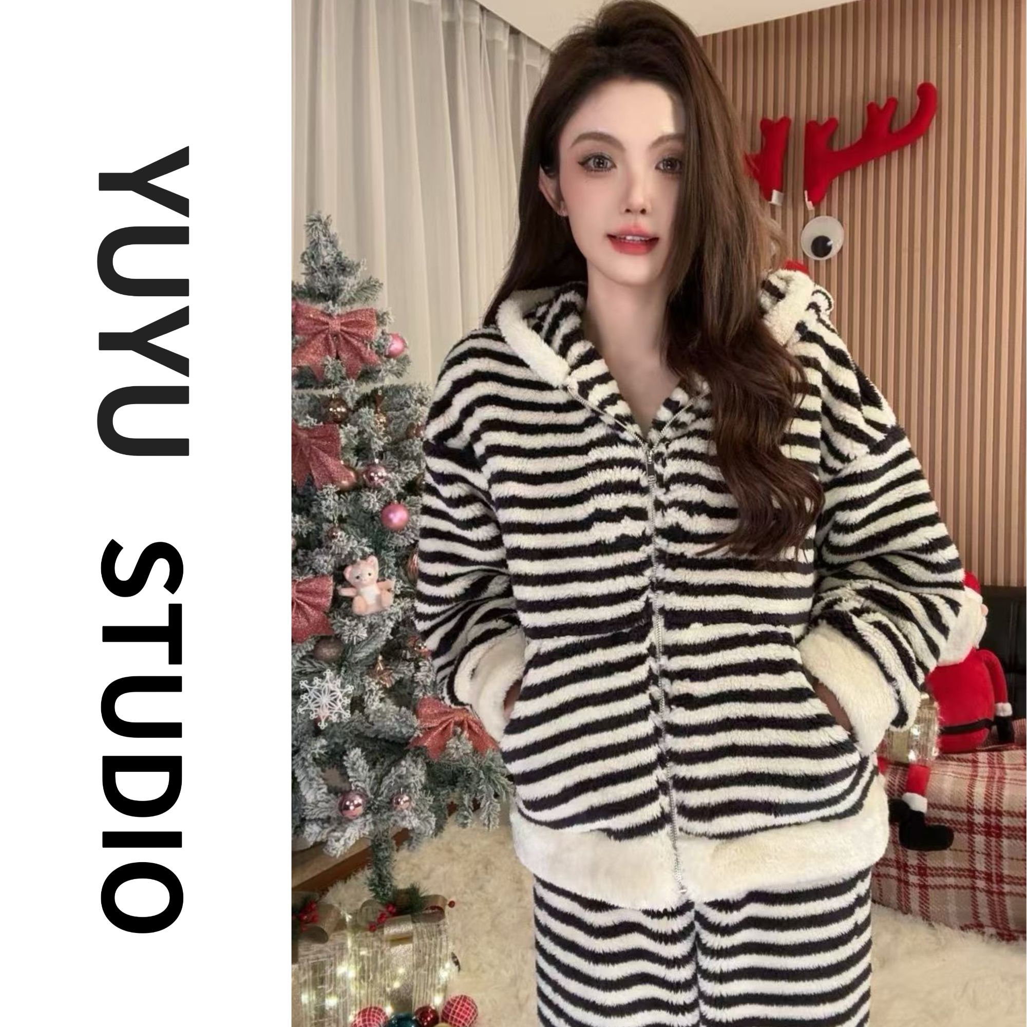 【高品质正版条纹】原版加绒加厚保暖睡衣套装女家居服连帽立领套装