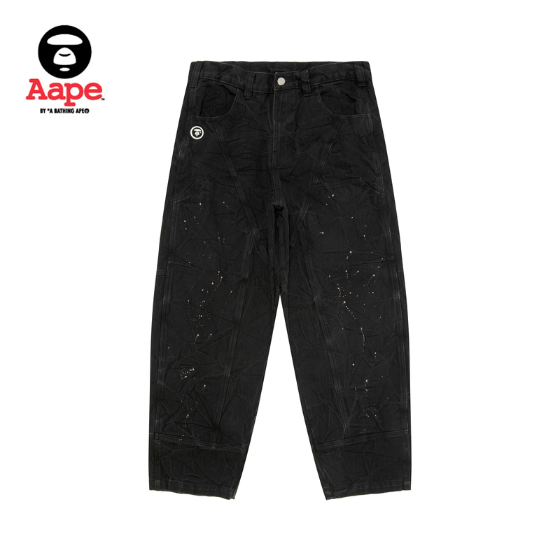 Aape联名NOMANUAL男装爆裂字母泼墨做旧褶皱牛仔裤9777XXP