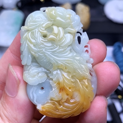 翡翠未镶嵌颈饰谦**玉缅甸翡翠手工雕刻凤凰牡丹