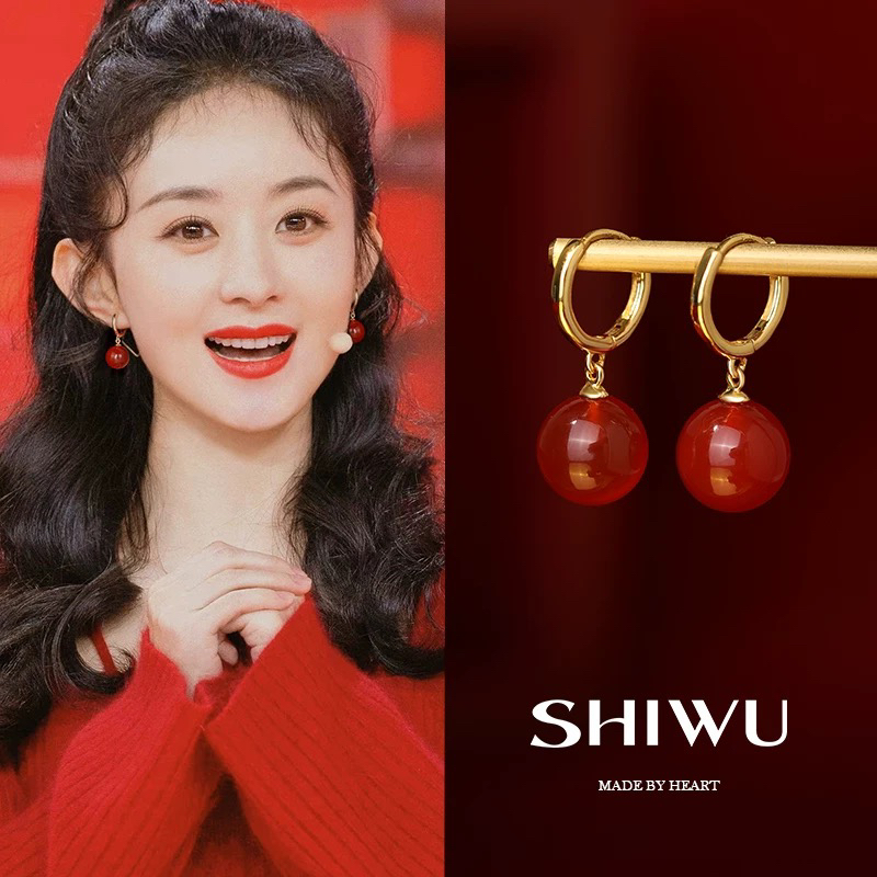 适合新年红色玛瑙耳环耳扣本命年红耳坠蚊香盘耳夹无耳洞玛瑙耳饰