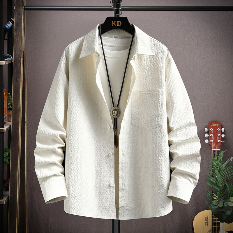秋季新款男士宽松纯色休闲衬衫轻薄百搭翻领时尚简约长袖衬衣2463