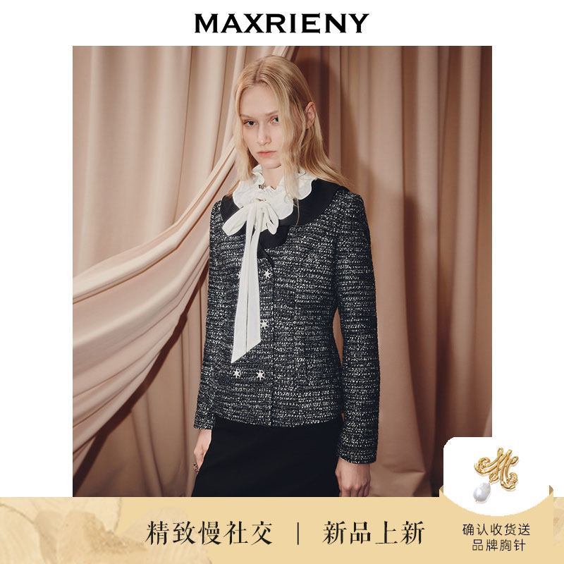 MAXRIENY法式复古撞色花纱外套25冬款名媛大女主穿搭x型收腰上衣
