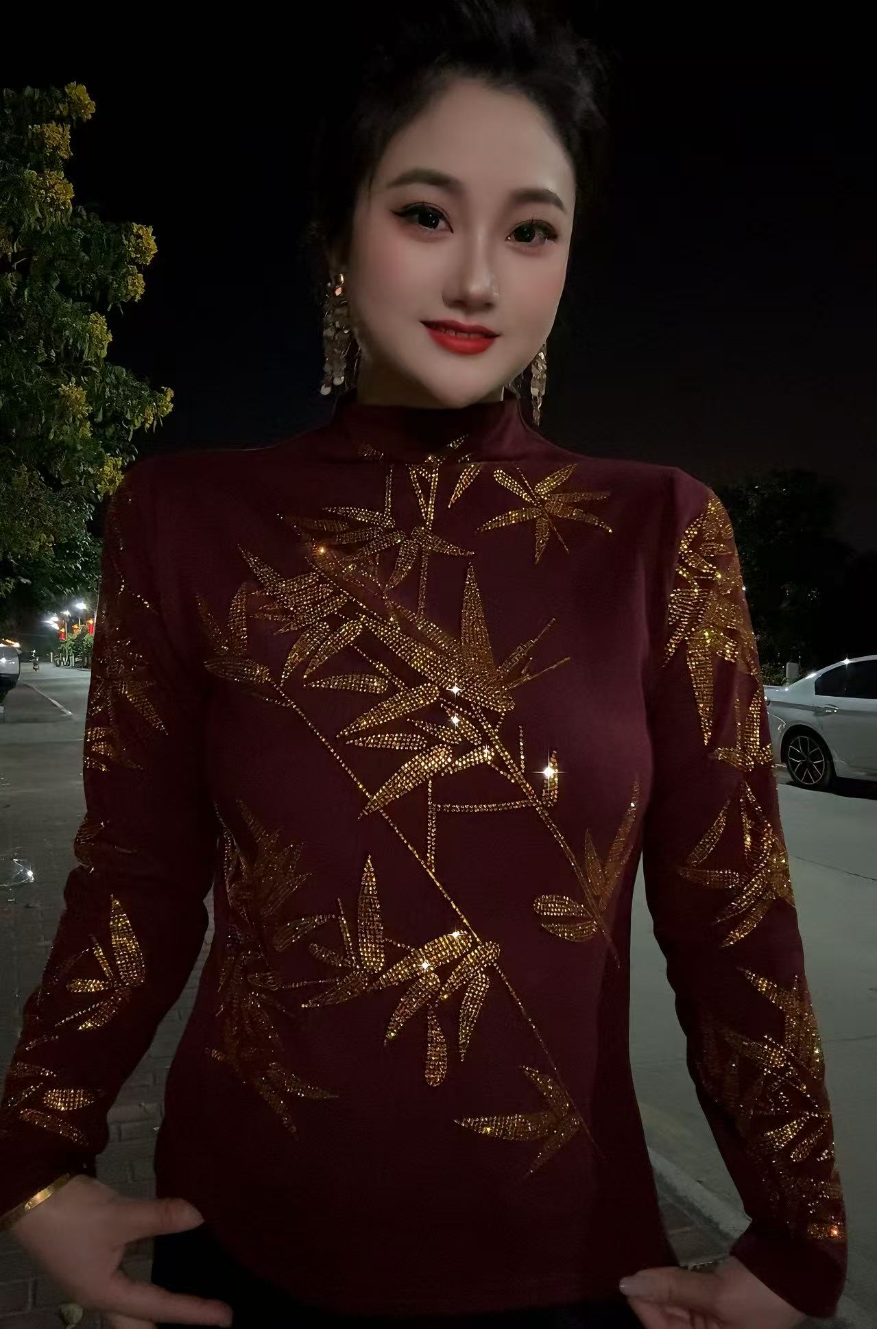 【秋冬57金竹新款半高领】加绒打底衫内搭烫钻上衣修身显瘦长袖D