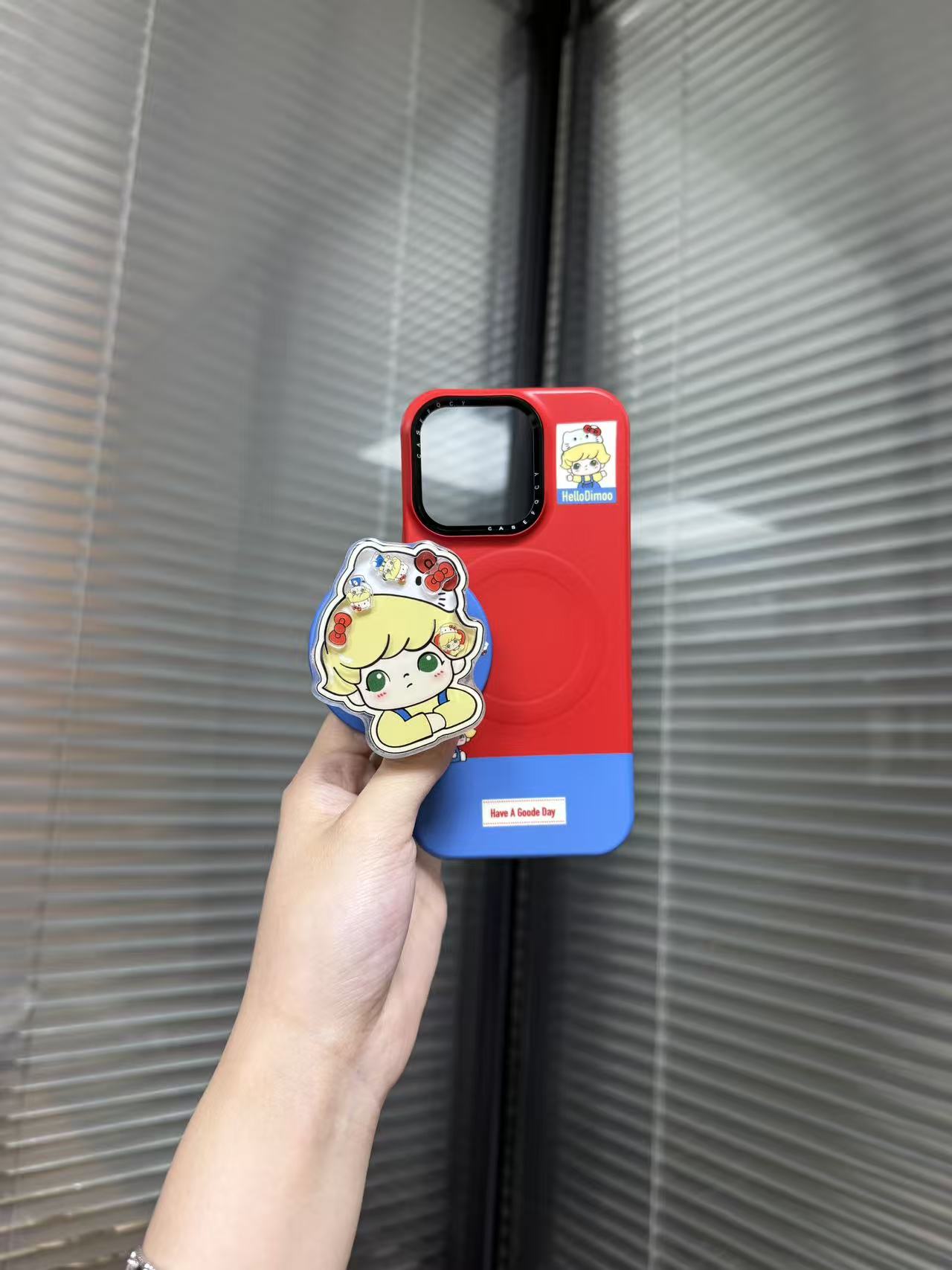 红底拼接蓝色摇摇乐dimoo菲林半包磁吸手机壳一套