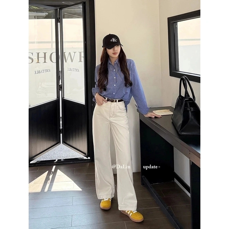 2025夏季新款米杏色牛仔裤女高腰宽松显瘦时尚窄版直筒阔腿裤子潮