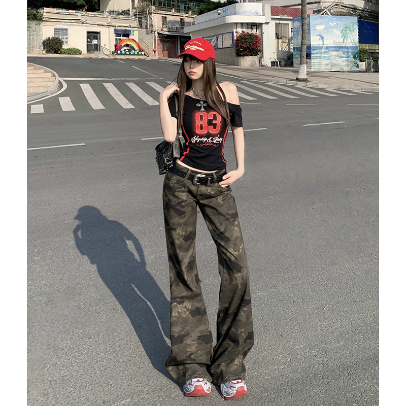NORNLGGER 美式复古低腰牛仔裤女春秋2025新款显瘦垂感迷彩喇叭裤