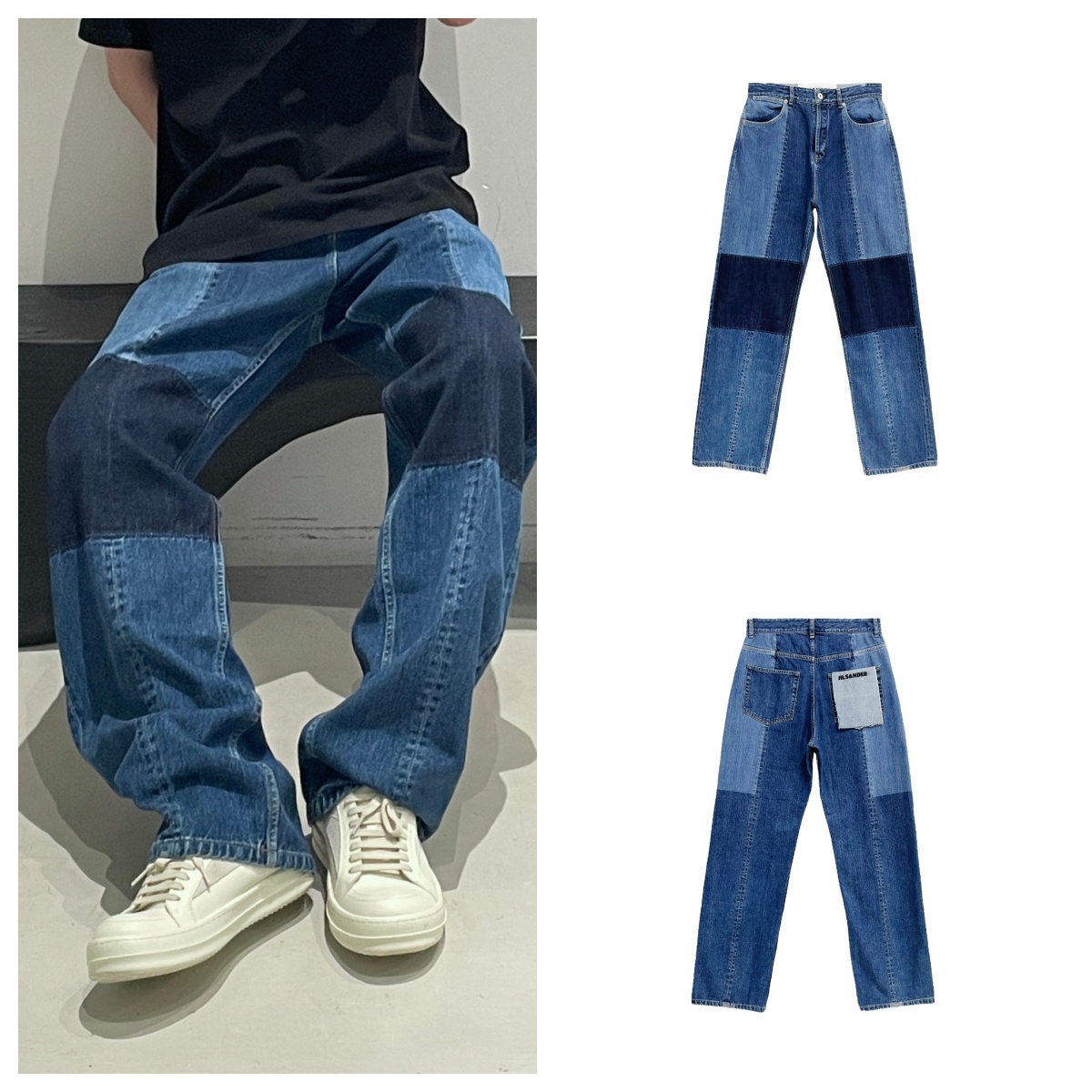 JIL SANDER  水洗做旧拼接直筒牛仔裤 蓝色