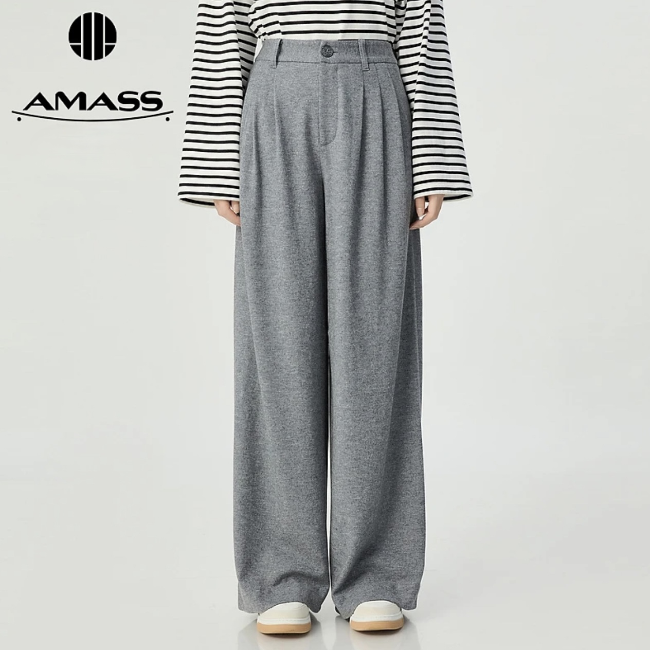 【AMASS阿玛施】5100661新款中高腰通勤气质绵羊毛长裤宽腿西装裤