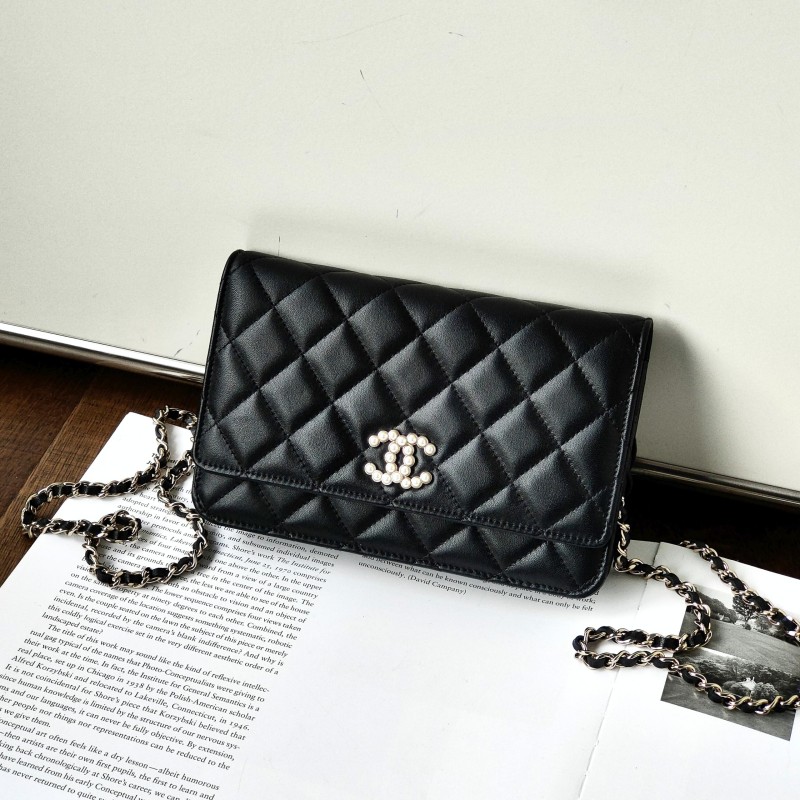 95新 Chanel/香奈儿 24P黑金羊皮珍珠扣波点内里woc斜挎包 52040