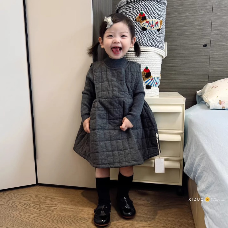 童装女童背心裙韩系25秋冬款女宝宝甜美夹棉连衣裙儿童圆领公主裙