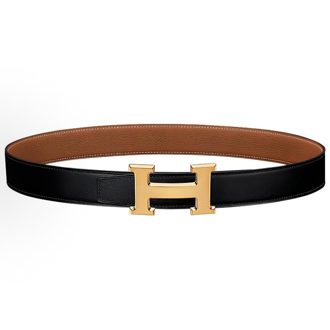 未使用 Hermes/爱马仕 金扣 黑棕带身双面 3.2cm宽