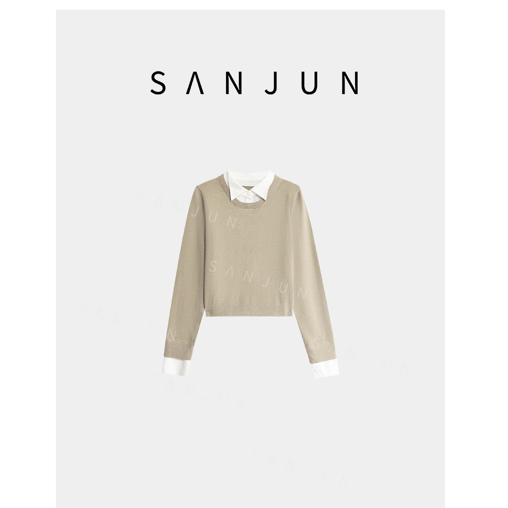 SANJUN 高端定制 衬衫领拼接绵羊毛针织衫上衣女软糯感毛衣 8996