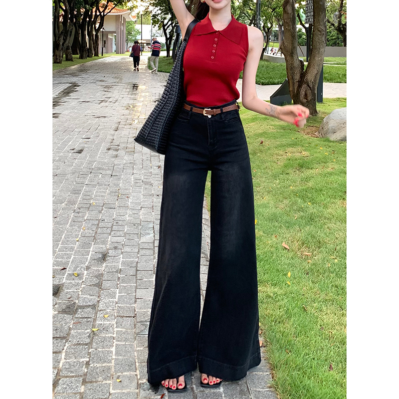 黑灰大裤脚垂感阔腿牛仔裤女2025秋季高腰不贴腿显瘦显腿长拖地裤