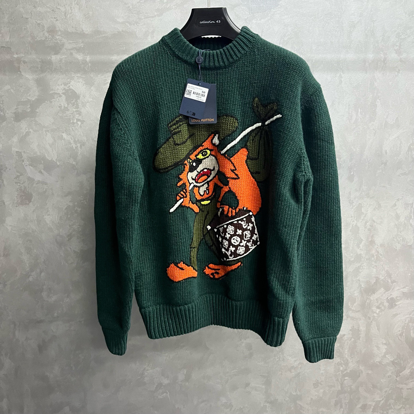 louis vuitton绿色卡通图案提花圆领长袖毛衣/S