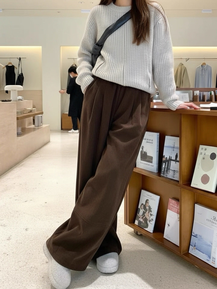 2025新款秋冬保暖加绒女高腰显瘦阔腿裤时尚百搭慵懒休闲裤L1225