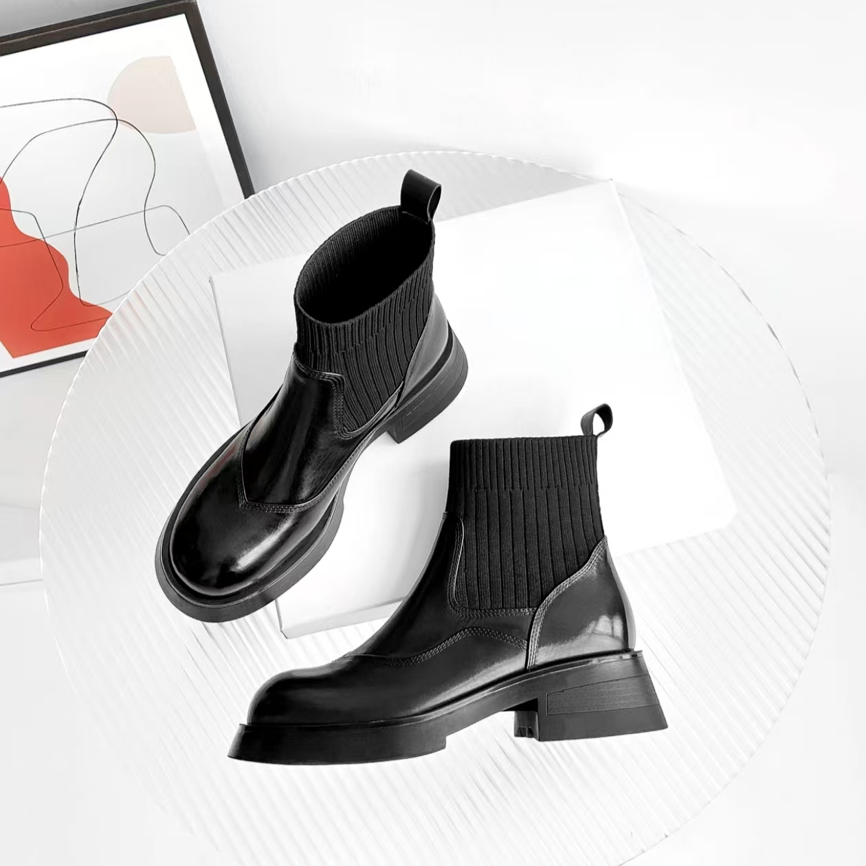 厚底短靴女秋冬显瘦弹力袜靴圆头短筒女靴子9566