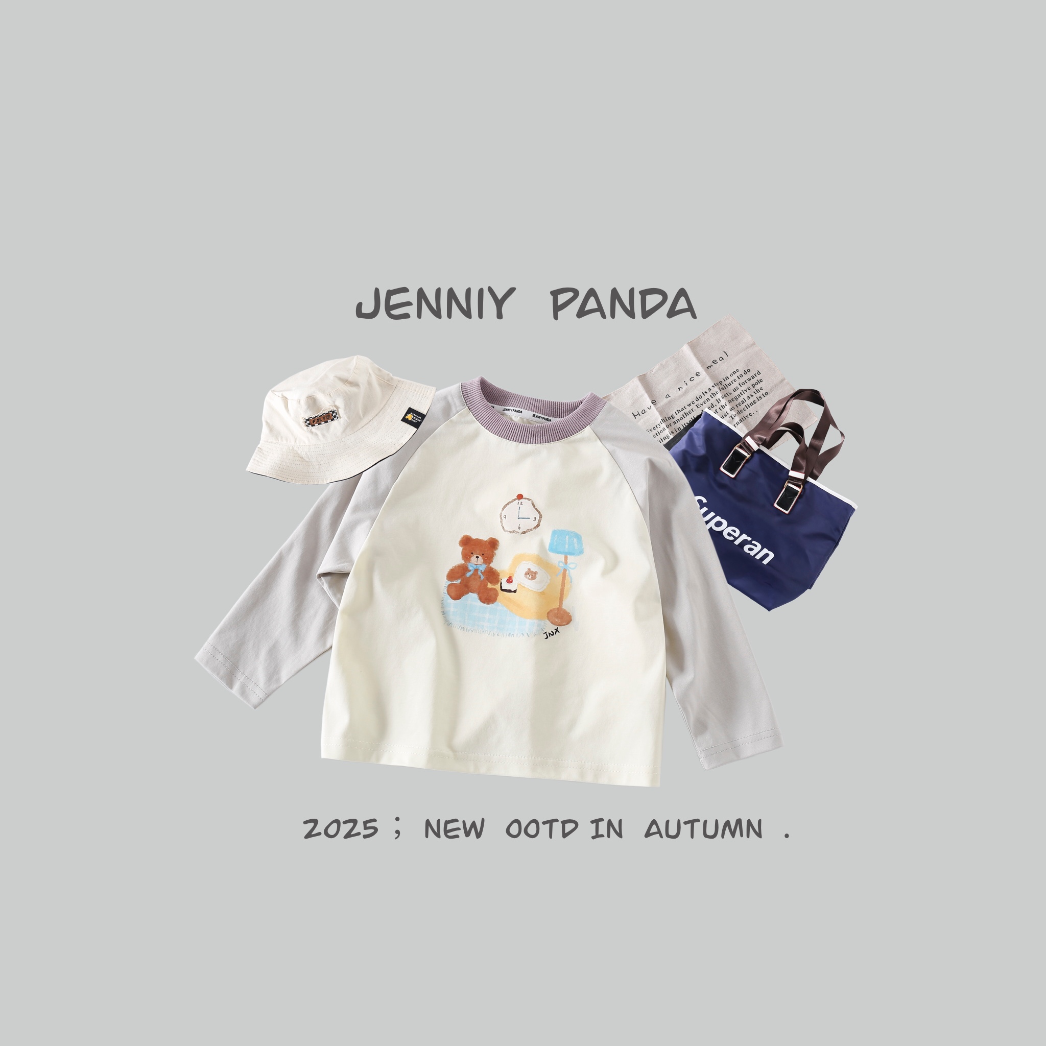 【巳月童品】简尼熊2025春款设计师原创简约儿童打底衫T恤JNXC51051