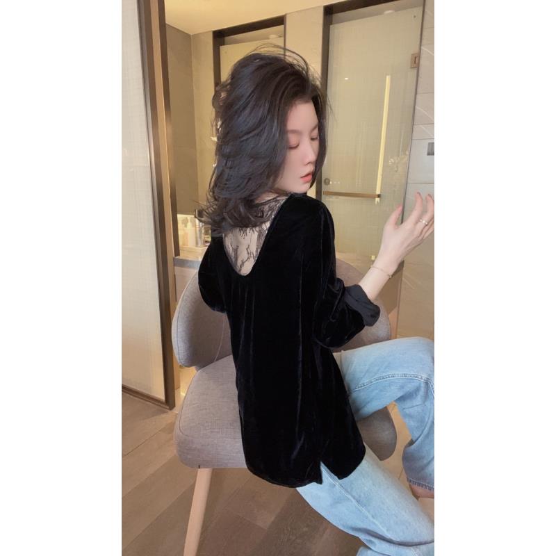 【悦悦专属】纯色后背网纱蕾丝拼接丝绒上衣Y13